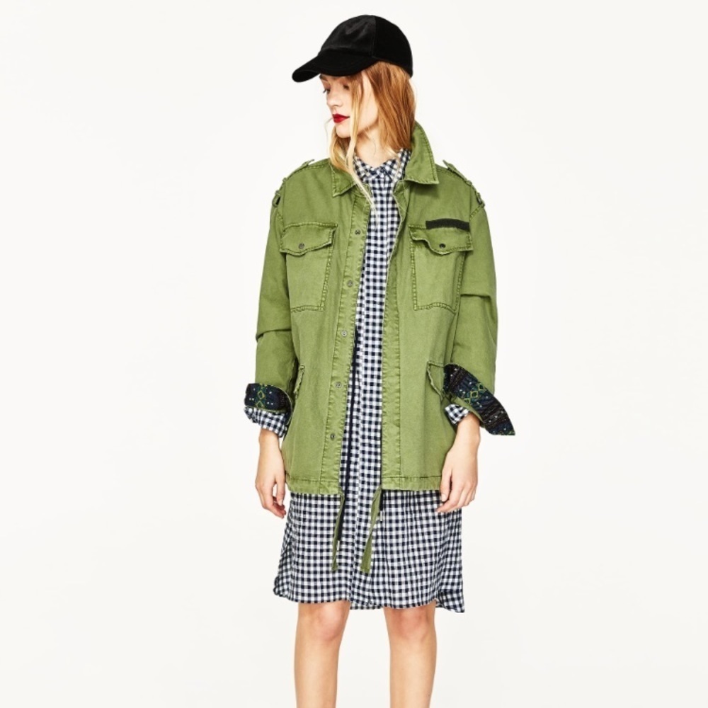 [Zara] Olive Green Long Printed Utility Jacket